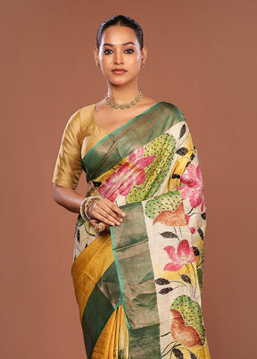 Green Handloom Tussar Pure Silk Saree With Blouse Piece