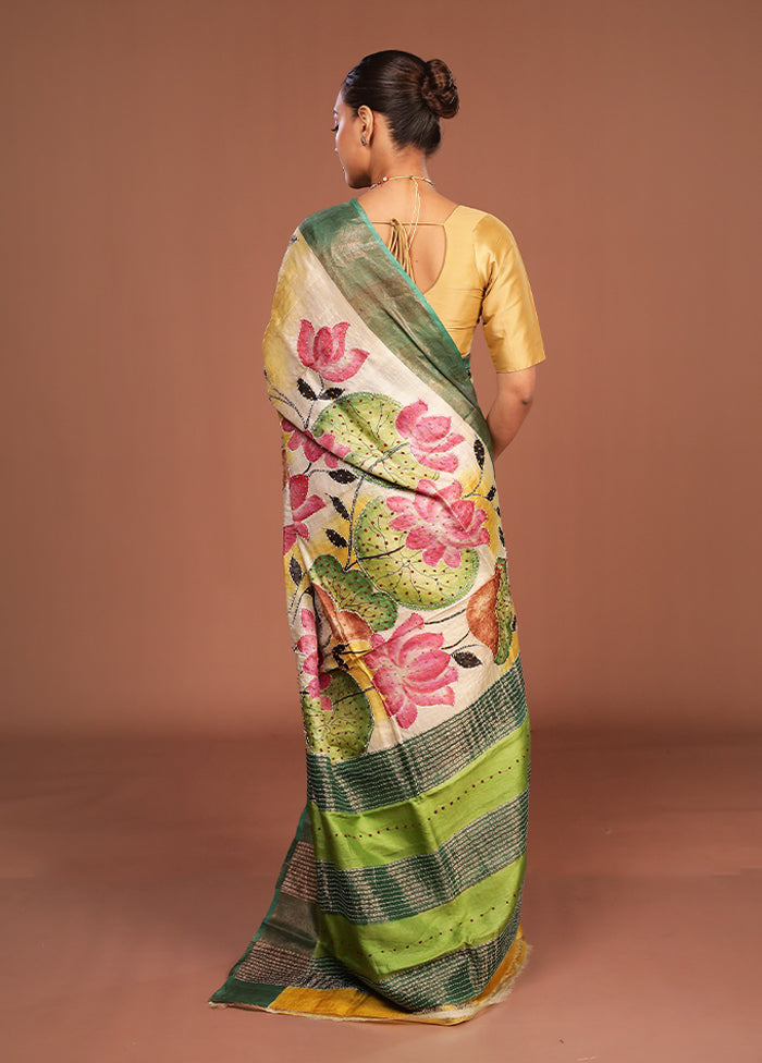 Green Handloom Tussar Pure Silk Saree With Blouse Piece