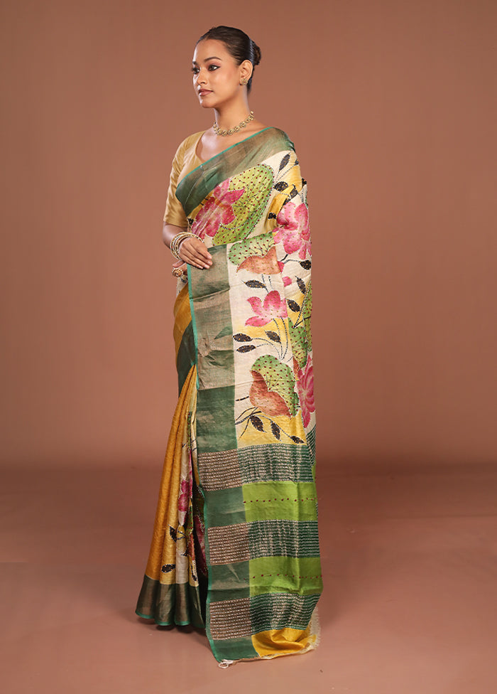 Green Handloom Tussar Pure Silk Saree With Blouse Piece