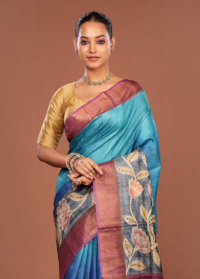 Blue Handloom Tussar Pure Silk Saree With Blouse Piece