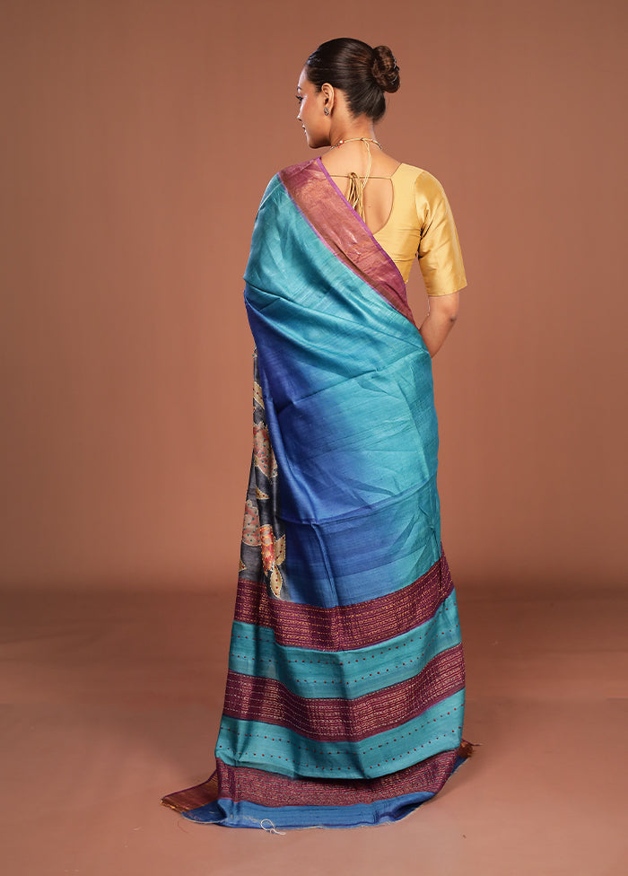 Blue Handloom Tussar Pure Silk Saree With Blouse Piece