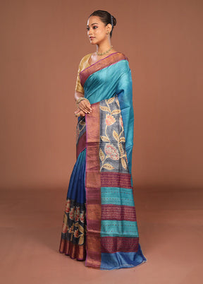 Blue Handloom Tussar Pure Silk Saree With Blouse Piece