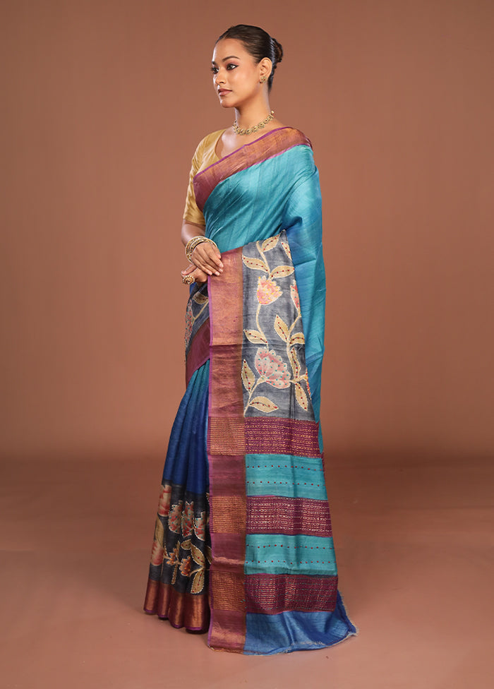 Blue Handloom Tussar Pure Silk Saree With Blouse Piece