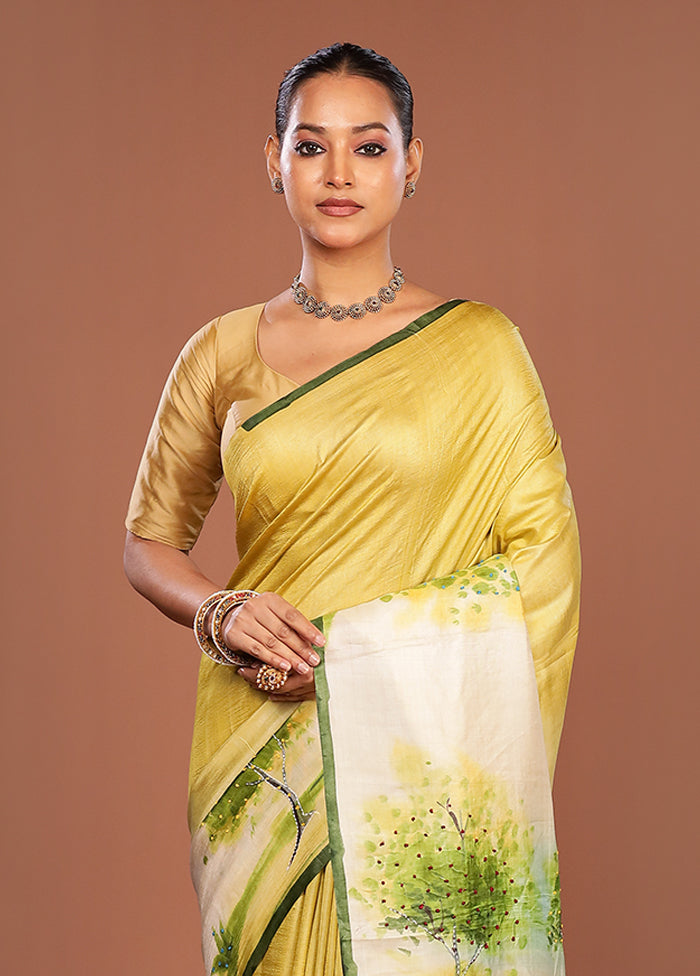 Cream Handloom Tussar Pure Silk Saree With Blouse Piece