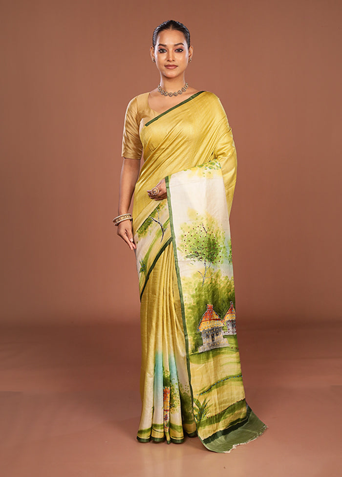 Cream Handloom Tussar Pure Silk Saree With Blouse Piece