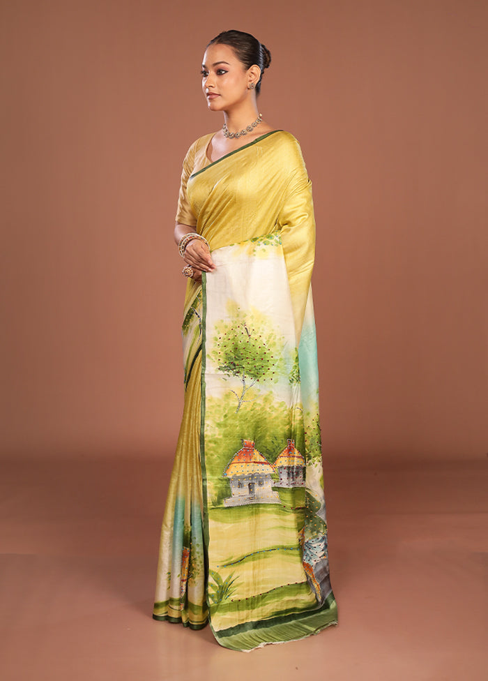 Cream Handloom Tussar Pure Silk Saree With Blouse Piece