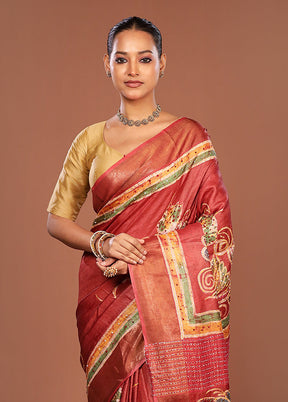 Maroon Handloom Tussar Pure Silk Saree With Blouse Piece