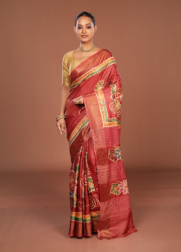 Maroon Handloom Tussar Pure Silk Saree With Blouse Piece