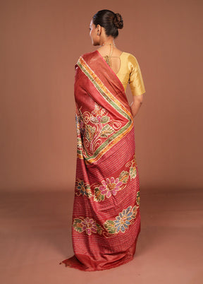 Maroon Handloom Tussar Pure Silk Saree With Blouse Piece