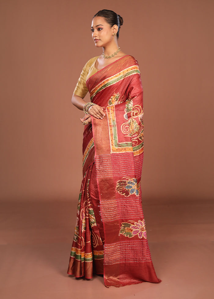 Maroon Handloom Tussar Pure Silk Saree With Blouse Piece