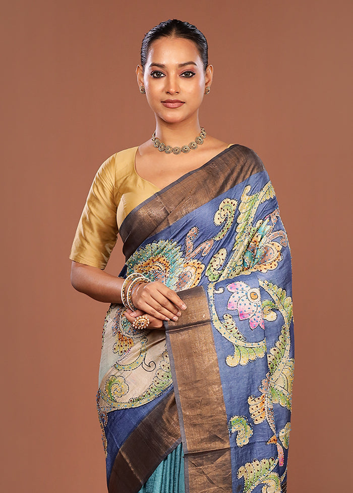 Blue Handloom Tussar Pure Silk Saree With Blouse Piece