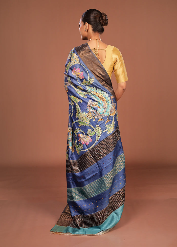 Blue Handloom Tussar Pure Silk Saree With Blouse Piece