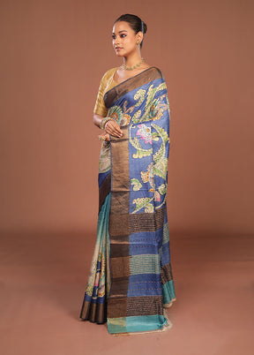 Blue Handloom Tussar Pure Silk Saree With Blouse Piece