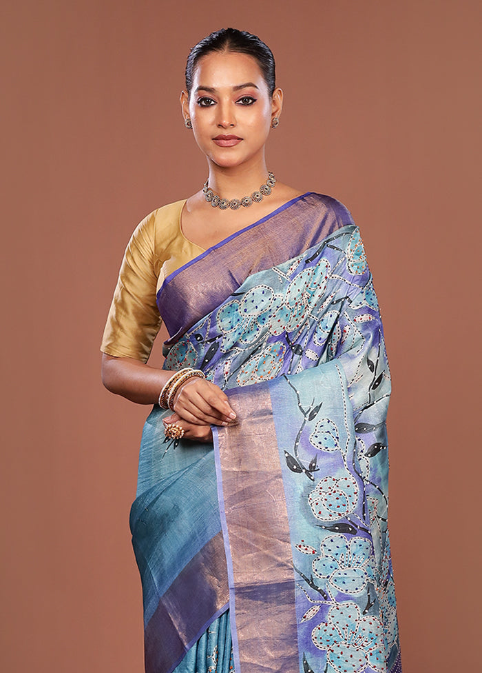 Blue Handloom Tussar Pure Silk Saree With Blouse Piece