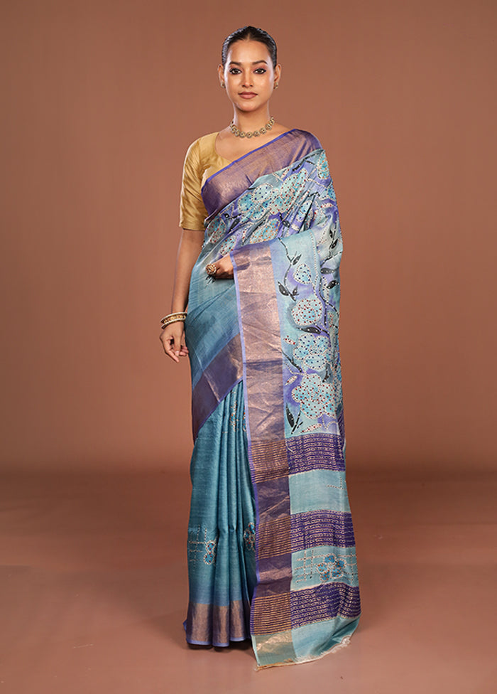 Blue Handloom Tussar Pure Silk Saree With Blouse Piece