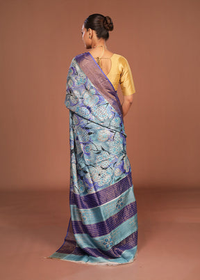 Blue Handloom Tussar Pure Silk Saree With Blouse Piece