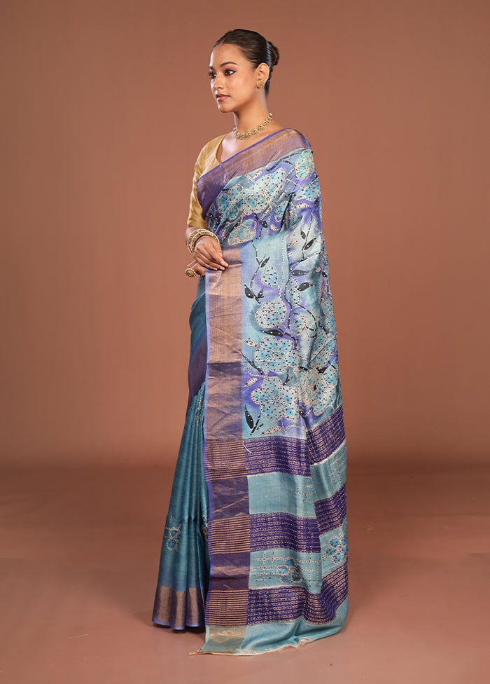 Blue Handloom Tussar Pure Silk Saree With Blouse Piece
