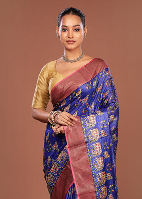 Blue Handloom Tussar Pure Silk Saree With Blouse Piece