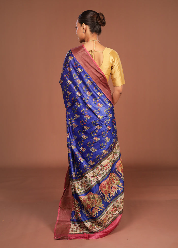 Blue Handloom Tussar Pure Silk Saree With Blouse Piece