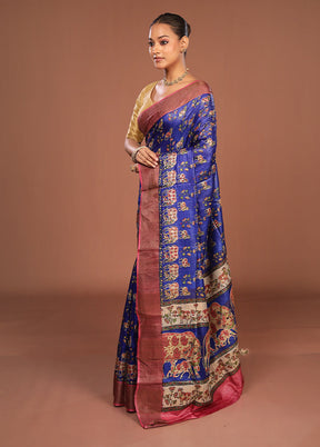Blue Handloom Tussar Pure Silk Saree With Blouse Piece