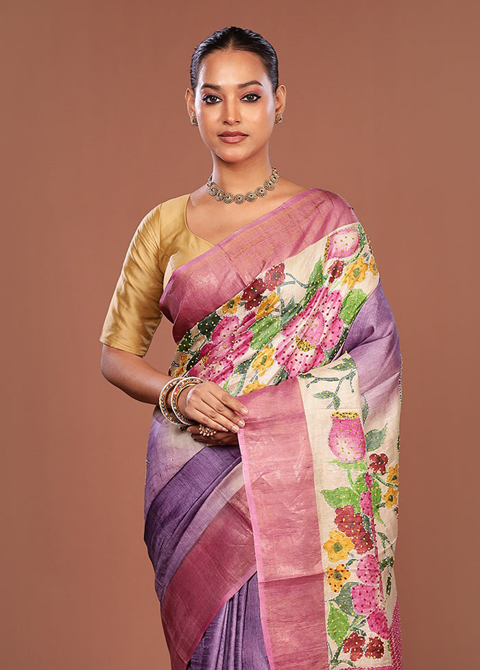 Pink Handloom Tussar Pure Silk Saree With Blouse Piece