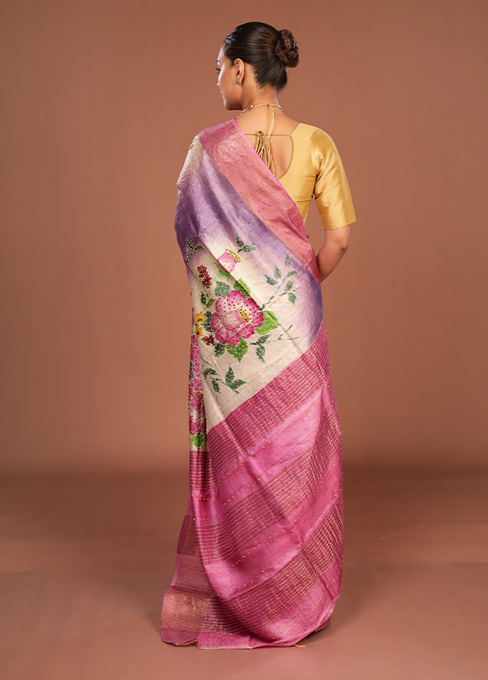 Pink Handloom Tussar Pure Silk Saree With Blouse Piece