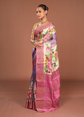 Pink Handloom Tussar Pure Silk Saree With Blouse Piece