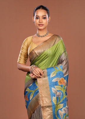 Blue Handloom Tussar Pure Silk Saree With Blouse Piece