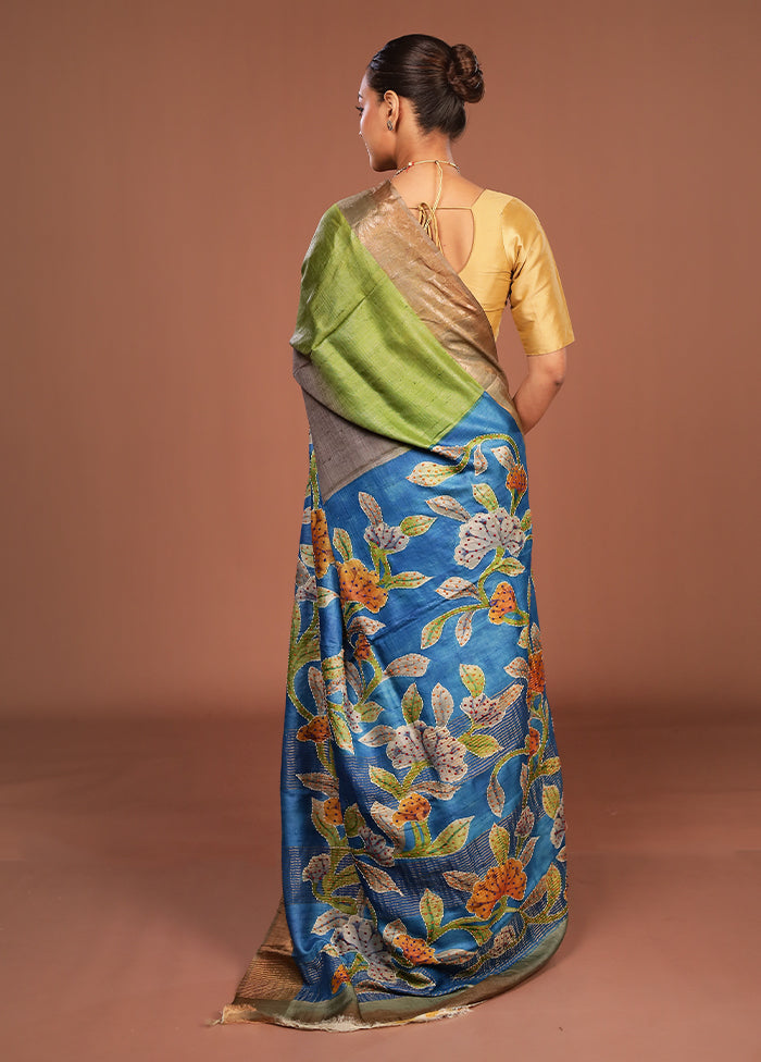 Blue Handloom Tussar Pure Silk Saree With Blouse Piece