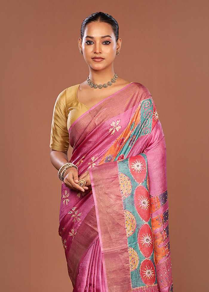 Pink Handloom Tussar Pure Silk Saree With Blouse Piece