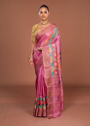 Pink Handloom Tussar Pure Silk Saree With Blouse Piece