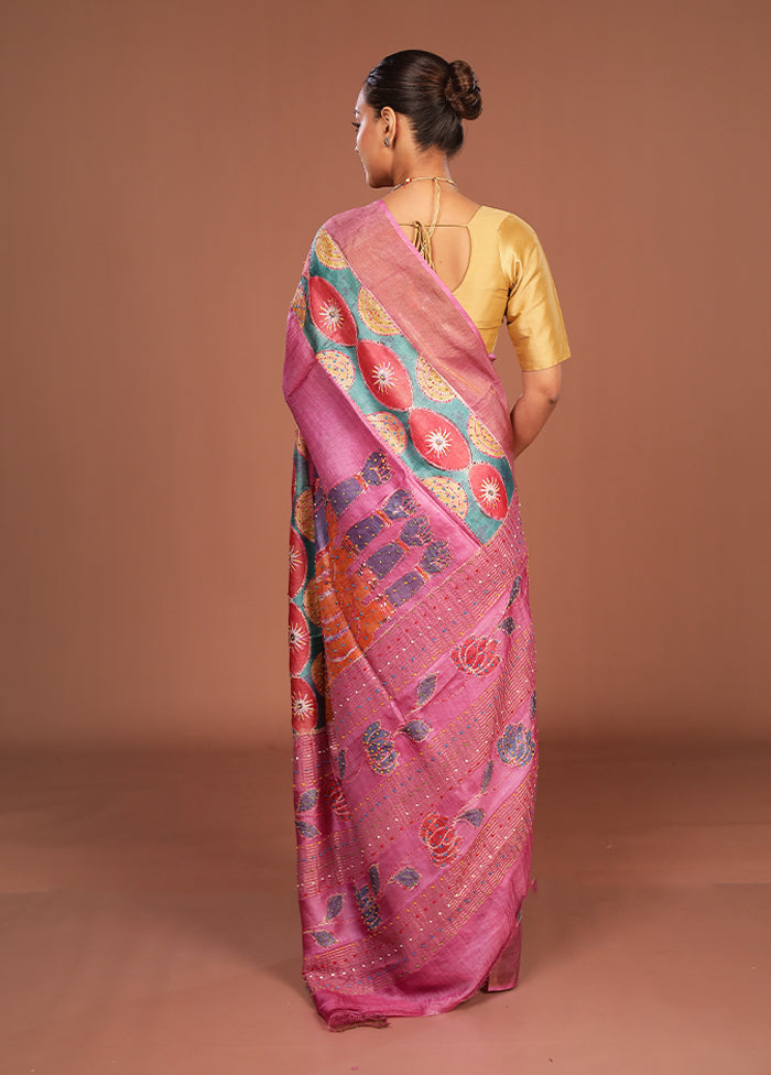 Pink Handloom Tussar Pure Silk Saree With Blouse Piece