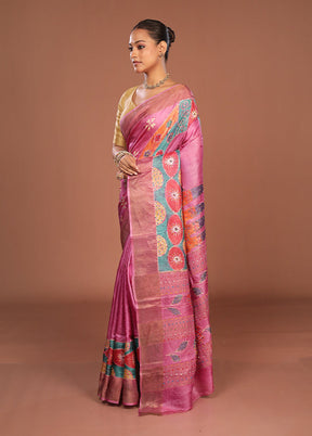 Pink Handloom Tussar Pure Silk Saree With Blouse Piece
