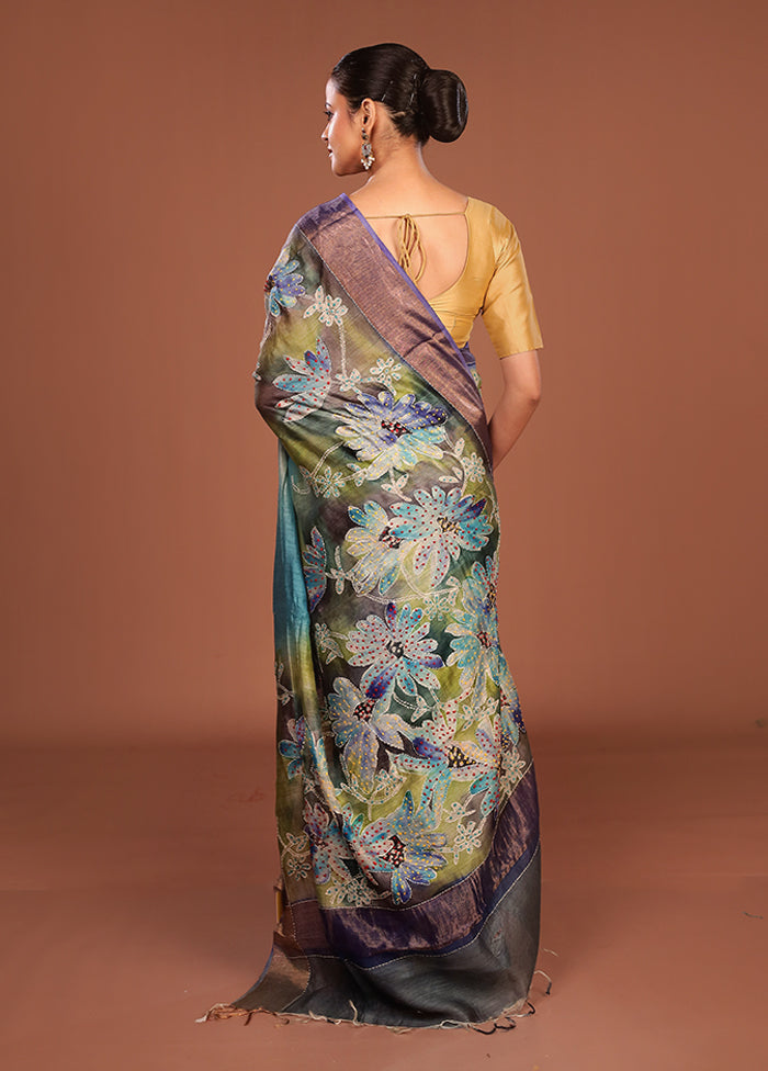 Multicolor Handloom Tussar Pure Silk Saree With Blouse Piece