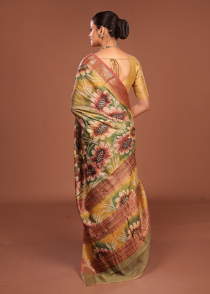 Multicolor Handloom Tussar Pure Silk Saree With Blouse Piece