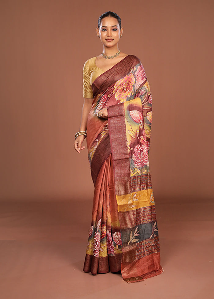 Multicolor Handloom Tussar Pure Silk Saree With Blouse Piece