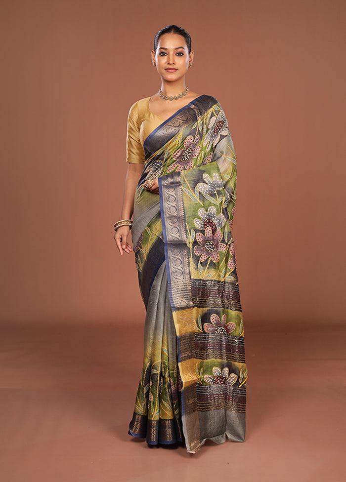 Multicolor Handloom Tussar Pure Silk Saree With Blouse Piece
