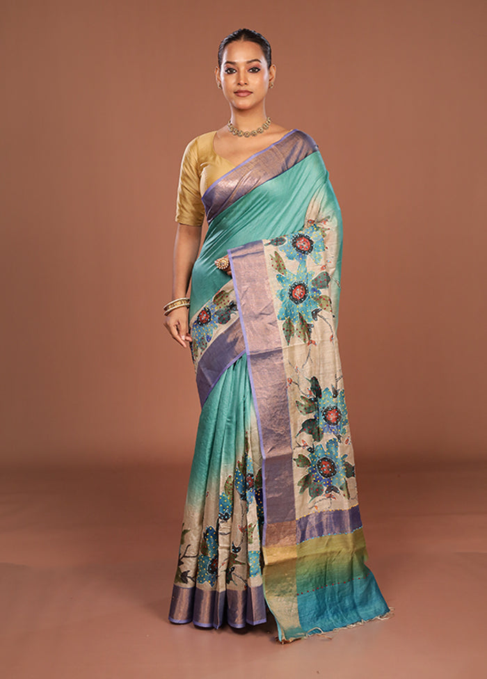 Multicolor Handloom Tussar Pure Silk Saree With Blouse Piece