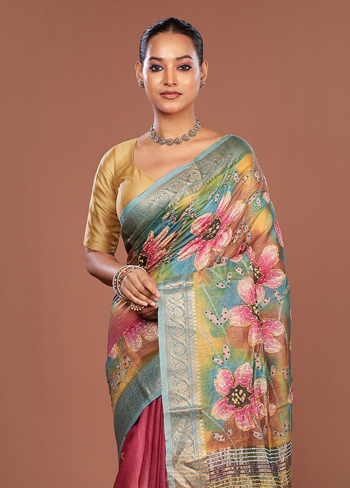 Multicolor Handloom Tussar Pure Silk Saree With Blouse Piece