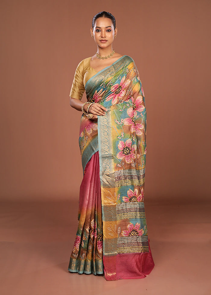 Multicolor Handloom Tussar Pure Silk Saree With Blouse Piece
