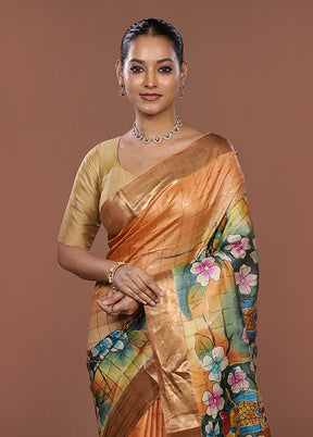 Cream Handloom Tussar Pure Silk Saree With Blouse Piece