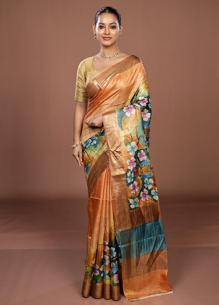 Cream Handloom Tussar Pure Silk Saree With Blouse Piece