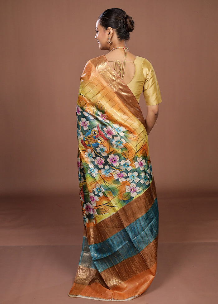 Cream Handloom Tussar Pure Silk Saree With Blouse Piece