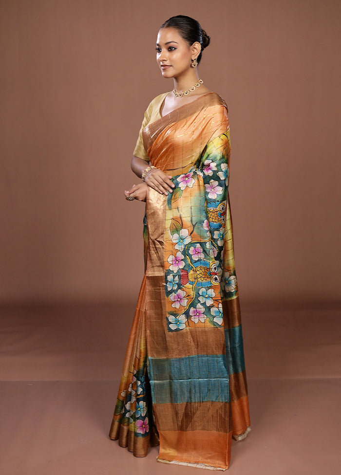 Cream Handloom Tussar Pure Silk Saree With Blouse Piece