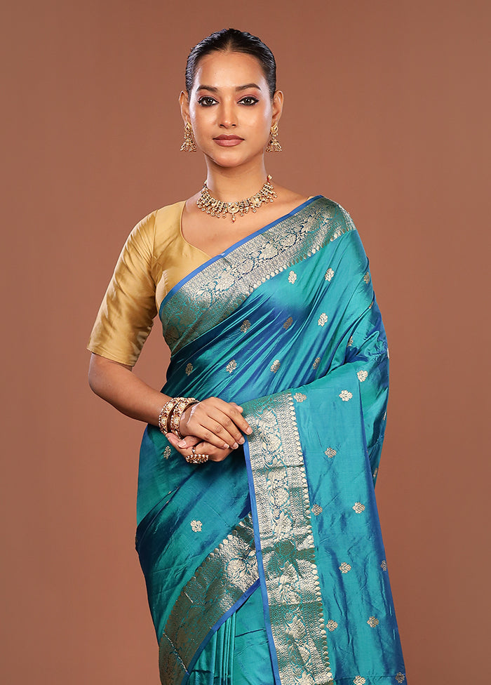 Blue Handloom Katan Pure Silk Saree With Blouse Piece
