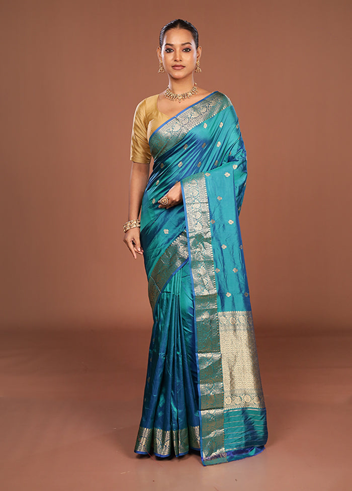 Blue Handloom Katan Pure Silk Saree With Blouse Piece