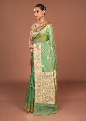 Green Handloom Pure Organza Saree With Blouse Piece