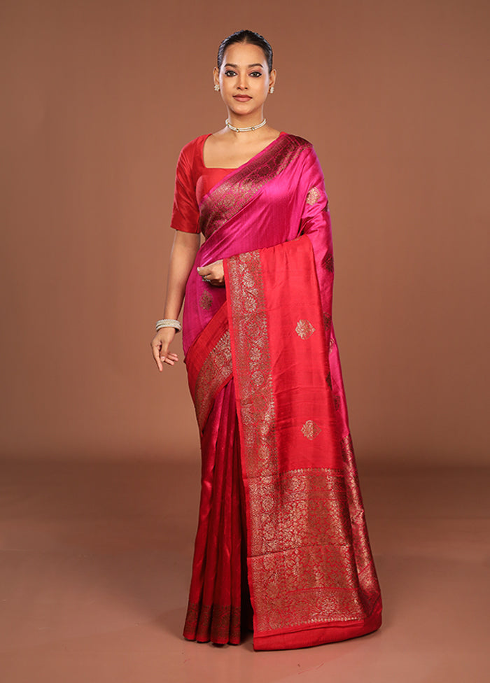 Pink Handloom Tussar Pure Silk Saree With Blouse Piece