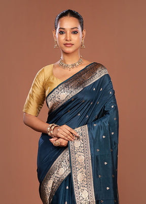 Blue Handloom Katan Pure Silk Saree With Blouse Piece