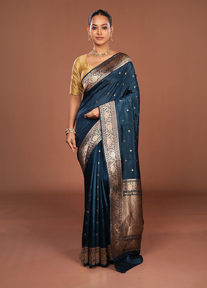 Blue Handloom Katan Pure Silk Saree With Blouse Piece